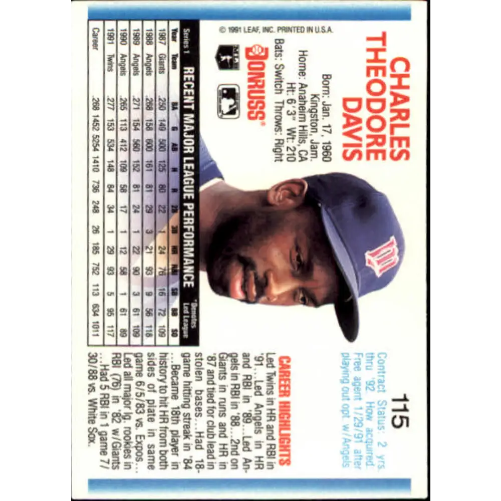 1992 Donruss #115 Chili Davis NM-MT Minnesota Twins Baseball Card Image 2