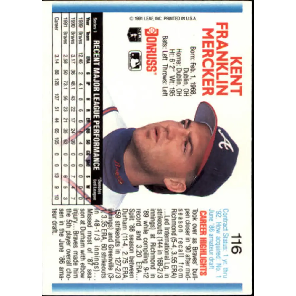 1992 Donruss #116 Kent Mercker NM-MT Atlanta Braves Baseball Card Image 2