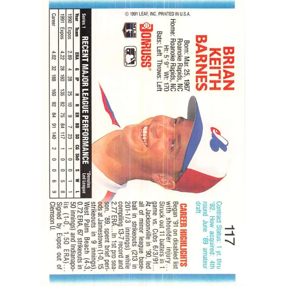 1992 Donruss #117 Brian Barnes NM-MT Montreal Expos Baseball Card Image 2