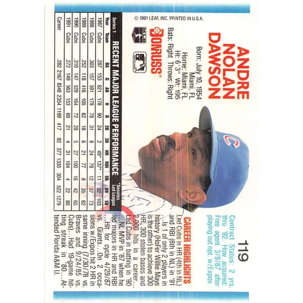1992 Donruss #119 Andre Dawson NM-MT Chicago Cubs Baseball Card Image 2