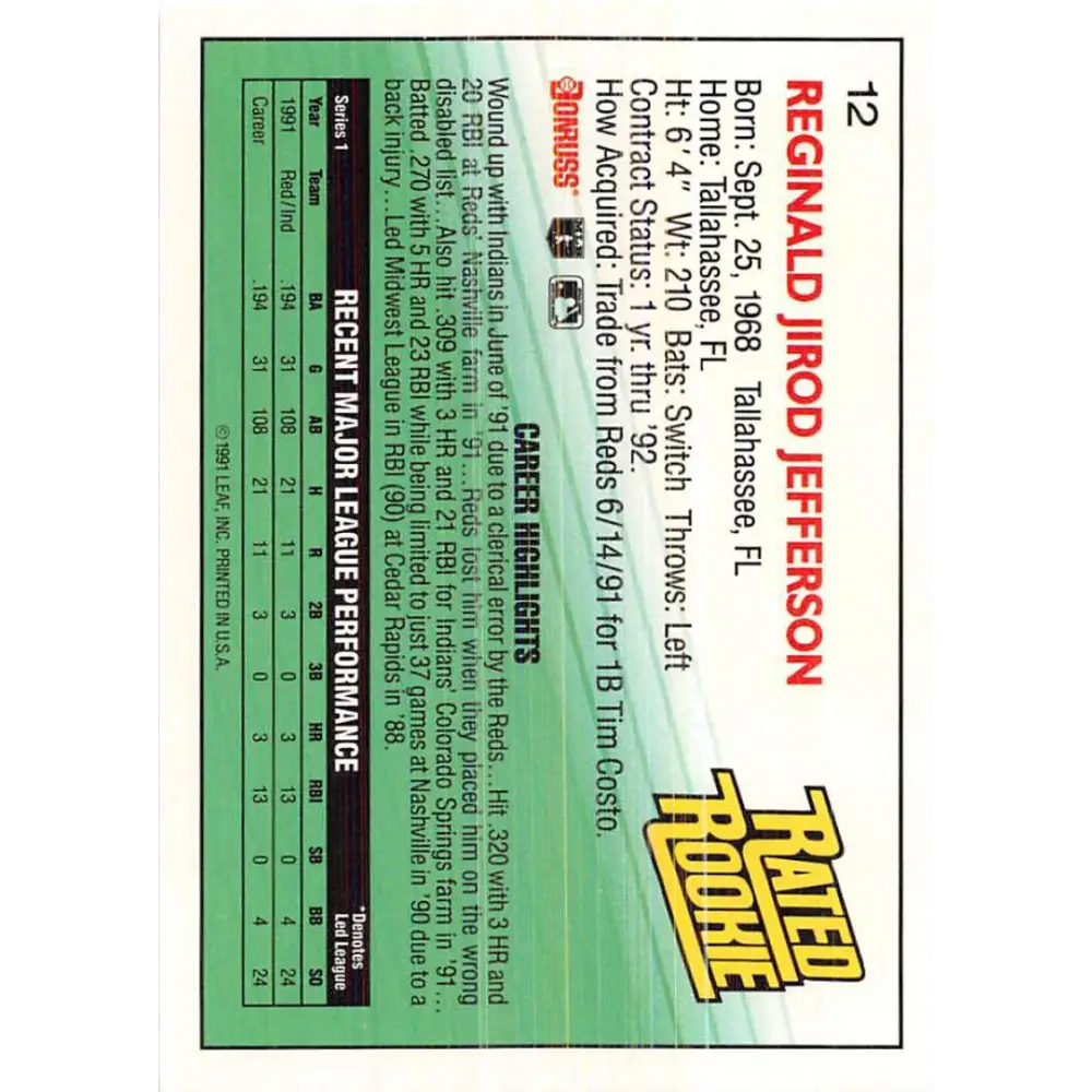1992 Donruss #12 Reggie Jefferson RR NM-MT Cleveland Indians Baseball Card Image 2