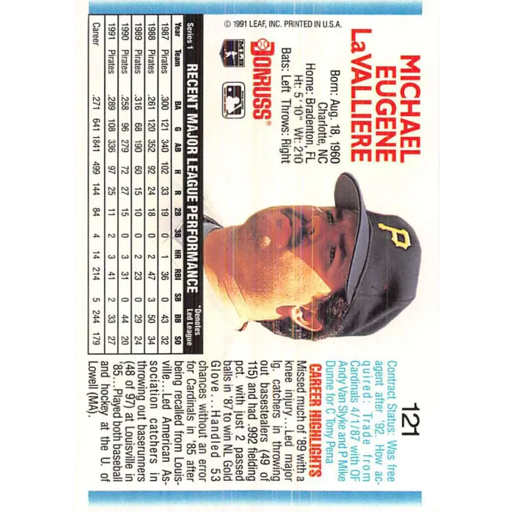 1992 Donruss #121 Mike LaValliere NM-MT Pittsburgh Pirates Baseball Card Image 2