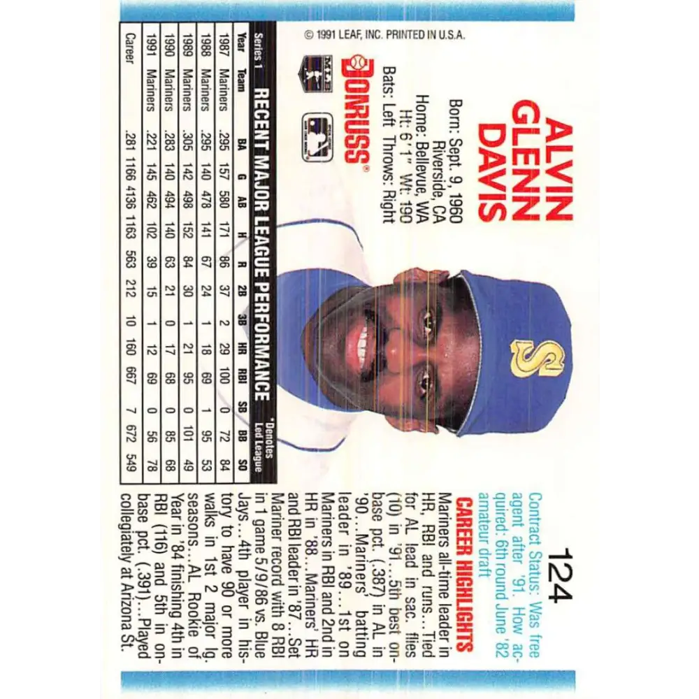 1992 Donruss #124 Alvin Davis NM-MT Seattle Mariners Baseball Card Image 2