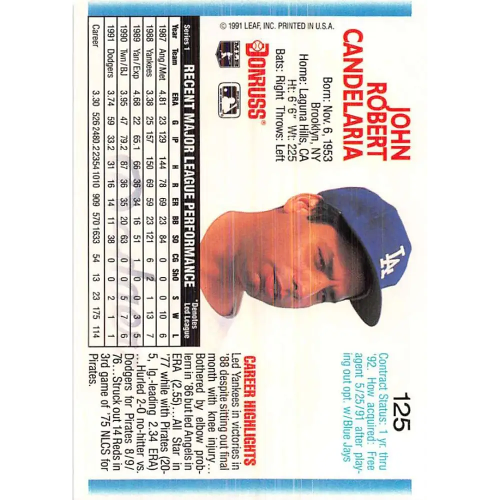 1992 Donruss #125 John Candelaria NM-MT Los Angeles Dodgers Baseball Card Image 2