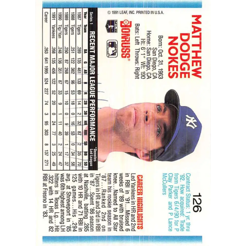 1992 Donruss #126 Matt Nokes NM-MT New York Yankees Baseball Card Image 2