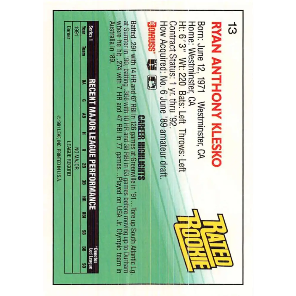 1992 Donruss #13 Ryan Klesko RR NM-MT Atlanta Braves Baseball Card Image 2