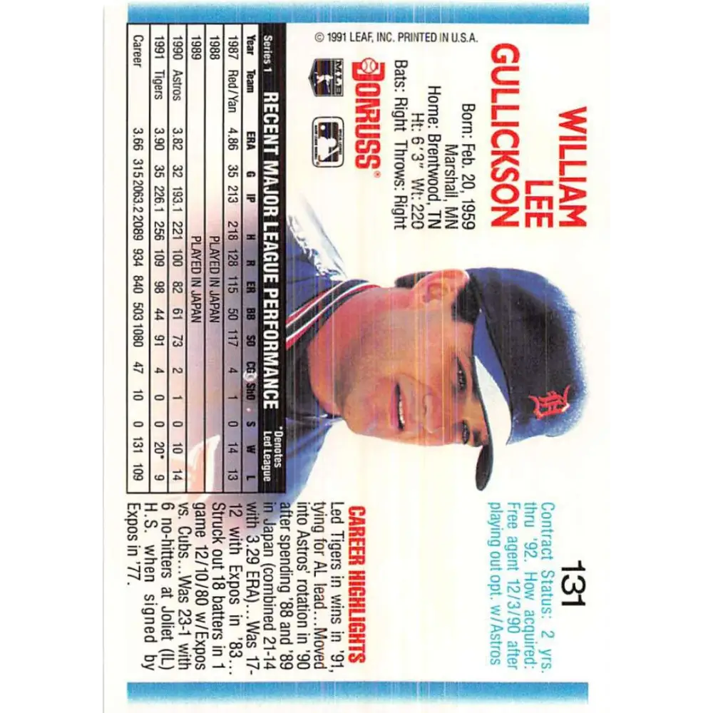1992 Donruss #131 Bill Gullickson NM-MT Detroit Tigers Baseball Card Image 2