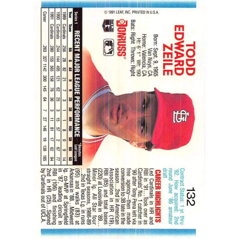1992 Donruss #132 Todd Zeile NM-MT St. Louis Cardinals Baseball Card Image 2