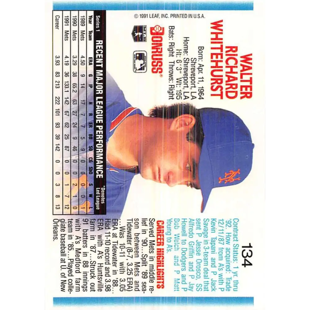1992 Donruss #134 Wally Whitehurst NM-MT New York Mets Baseball Card Image 2
