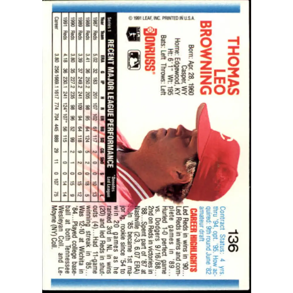 1992 Donruss #136 Tom Browning NM-MT Cincinnati Reds Baseball Card Image 2