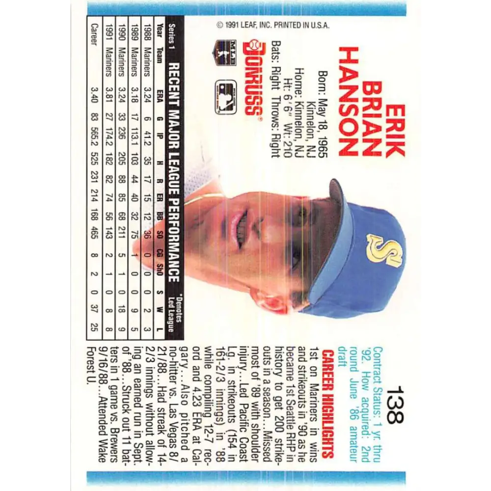 1992 Donruss #138 Erik Hanson NM-MT Seattle Mariners Baseball Card Image 2