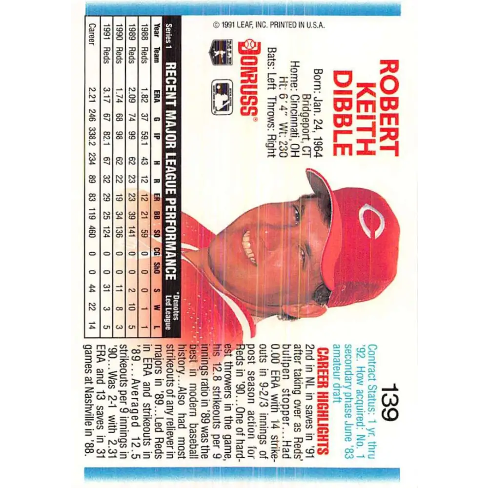 1992 Donruss #139 Rob Dibble NM-MT Cincinnati Reds Baseball Card Image 2