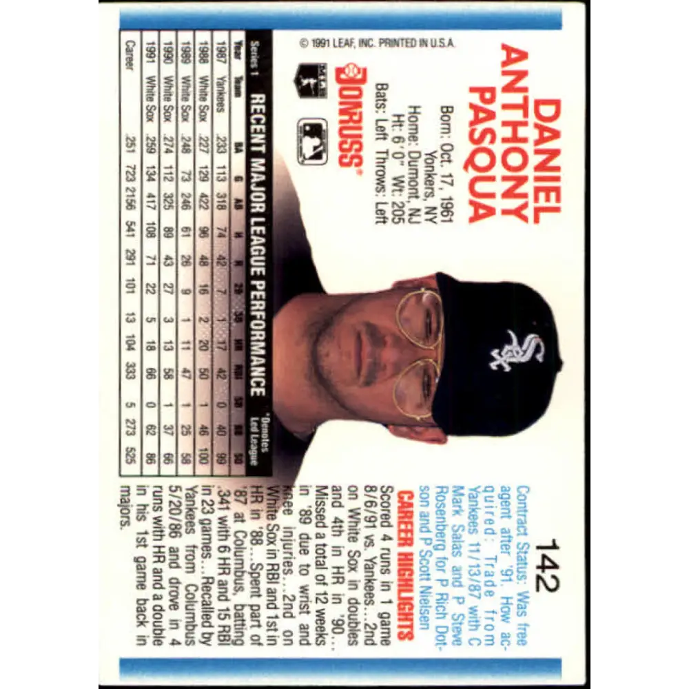 1992 Donruss #142 Dan Pasqua NM-MT Chicago White Sox Baseball Card Image 2