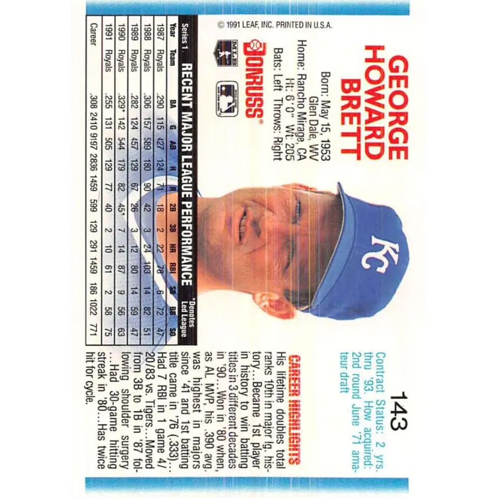 1992 Donruss #143 George Brett NM-MT Kansas City Royals Baseball Card Image 2