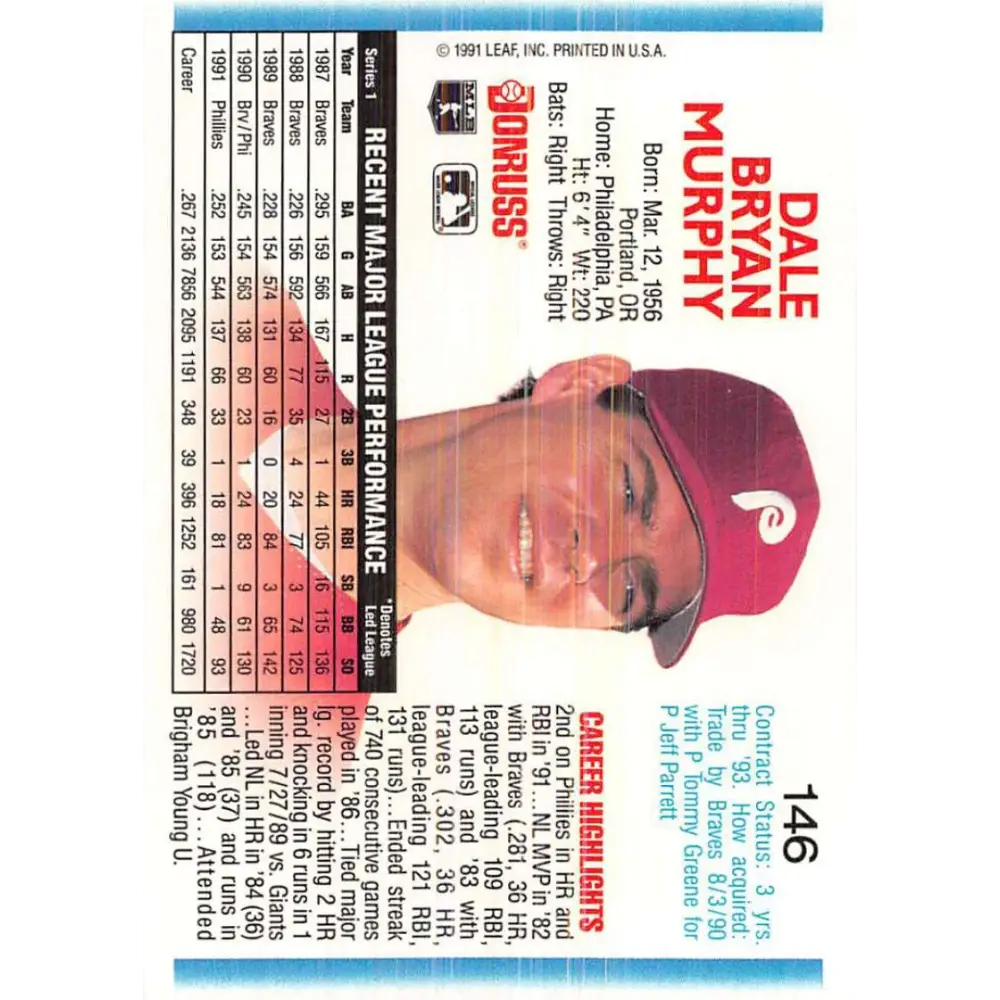 1992 Donruss #146 Dale Murphy NM-MT Philadelphia Phillies Baseball Card Image 2