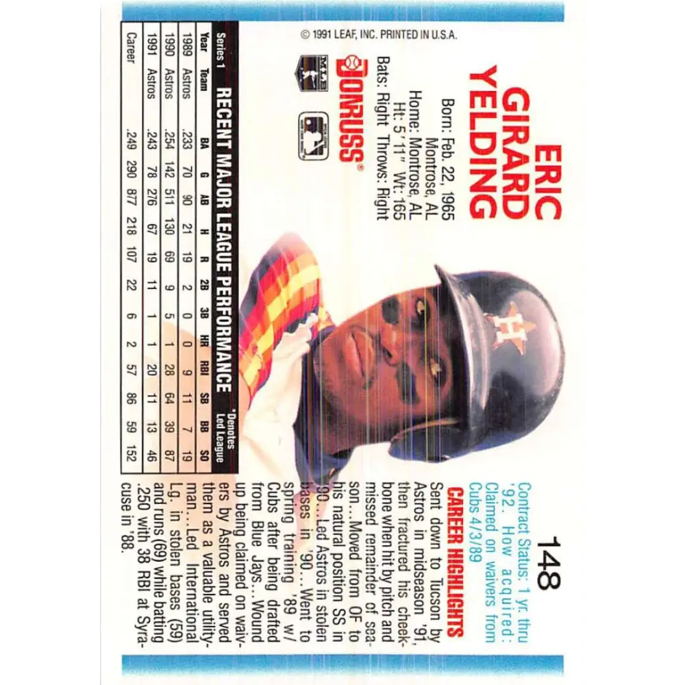 1992 Donruss #148 Eric Yelding NM-MT Houston Astros Baseball Card Image 2