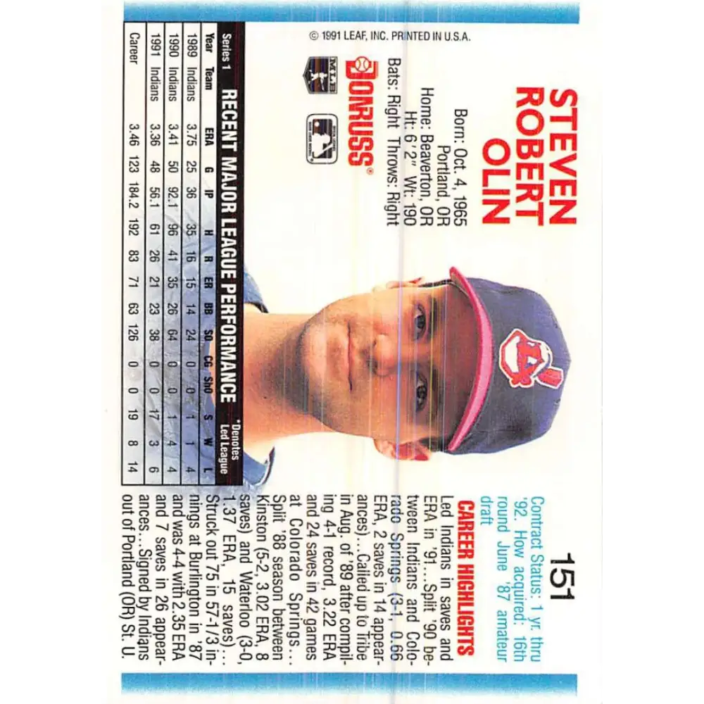 1992 Donruss #151 Steve Olin NM-MT Cleveland Indians Baseball Card Image 2