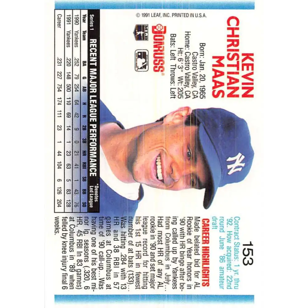 1992 Donruss #153 Kevin Maas NM-MT New York Yankees Baseball Card Image 2