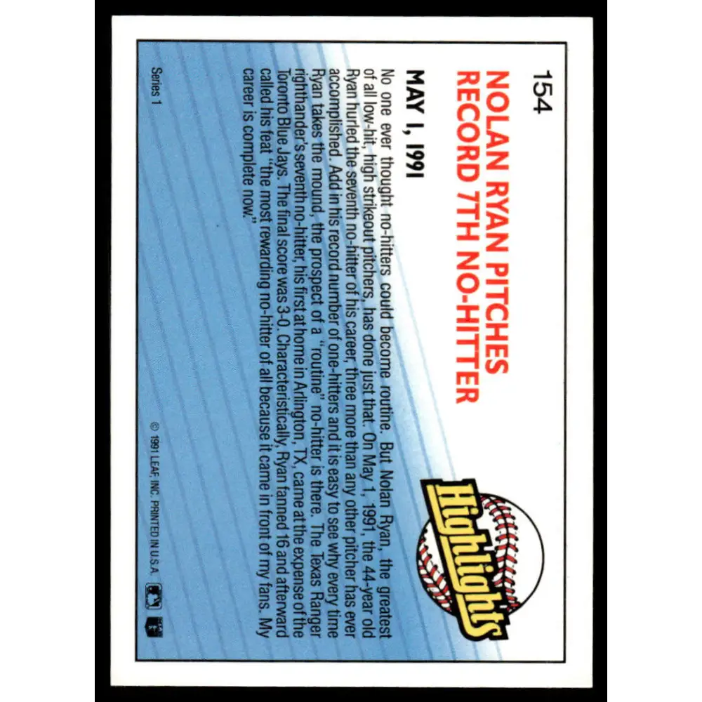 1992 Donruss #154 Nolan Ryan EX/NM Texas Rangers Baseball Card Image 2