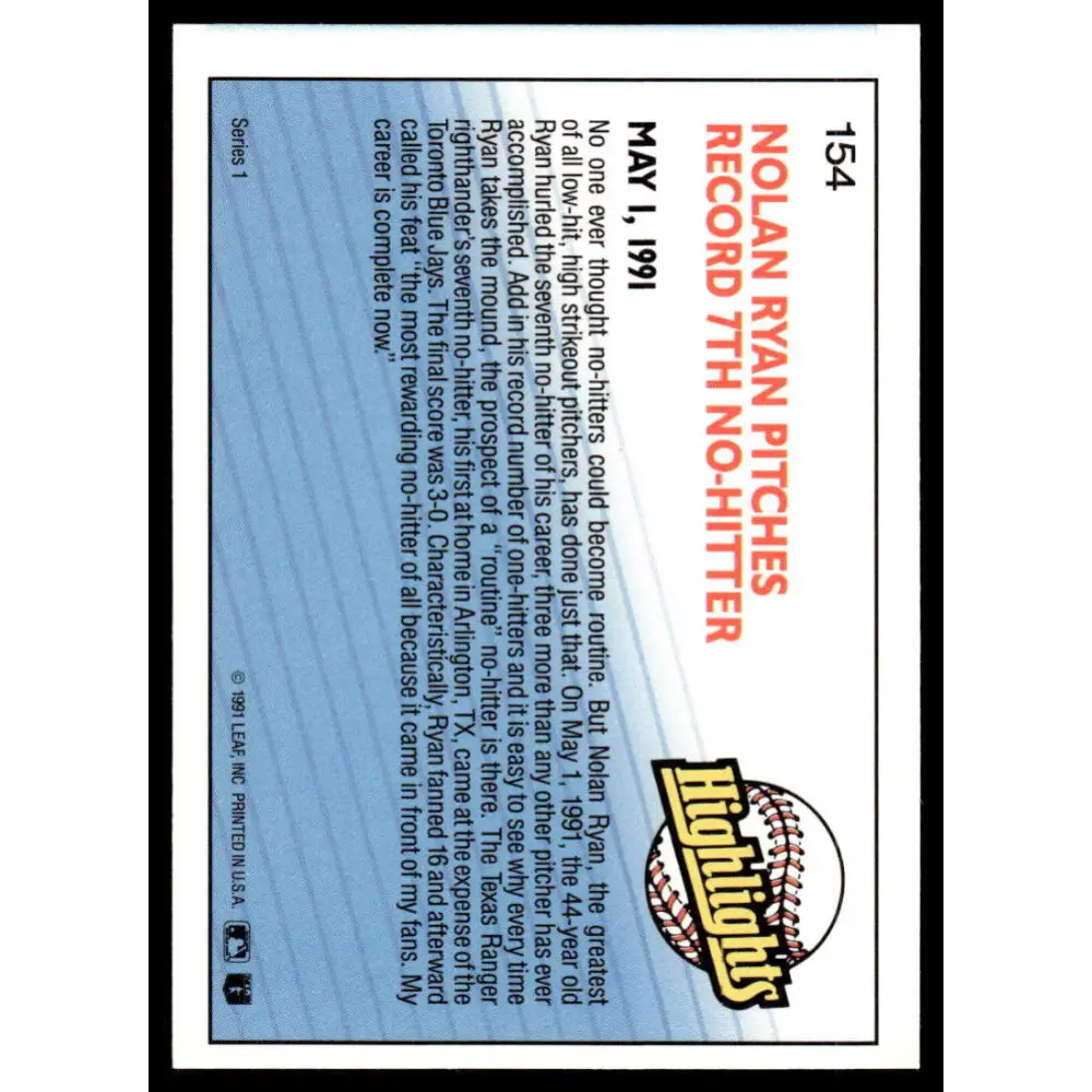 1992 Donruss #154 Nolan Ryan EX/NM Texas Rangers Baseball Card Image 2