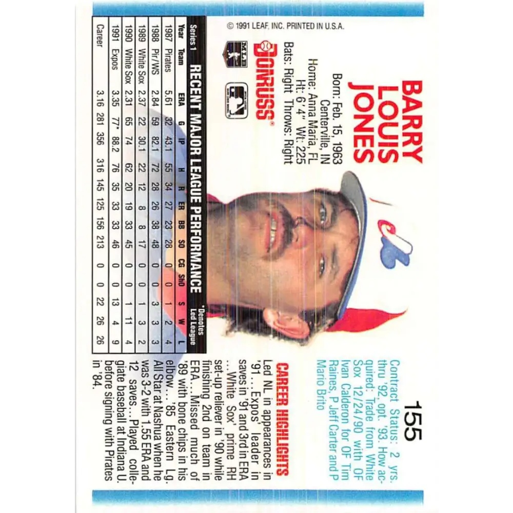 1992 Donruss #155 Barry Jones NM-MT Montreal Expos Baseball Card Image 2