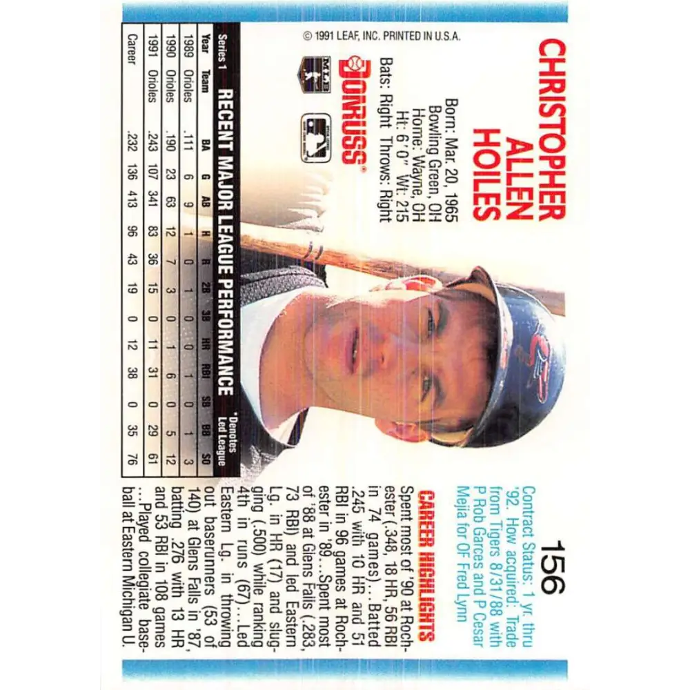 1992 Donruss #156 Chris Hoiles NM-MT Baltimore Orioles Baseball Card Image 2