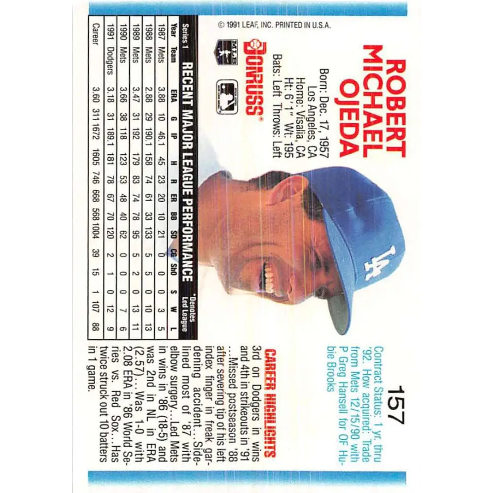 1992 Donruss #157 Bob Ojeda NM-MT Los Angeles Dodgers Baseball Card Image 2