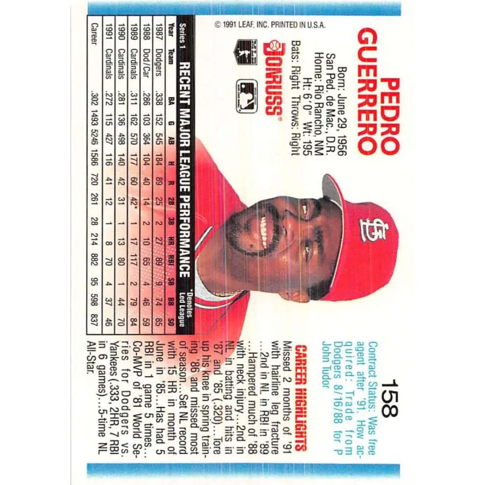 1992 Donruss #158 Pedro Guerrero NM-MT St. Louis Cardinals Baseball Card Image 2