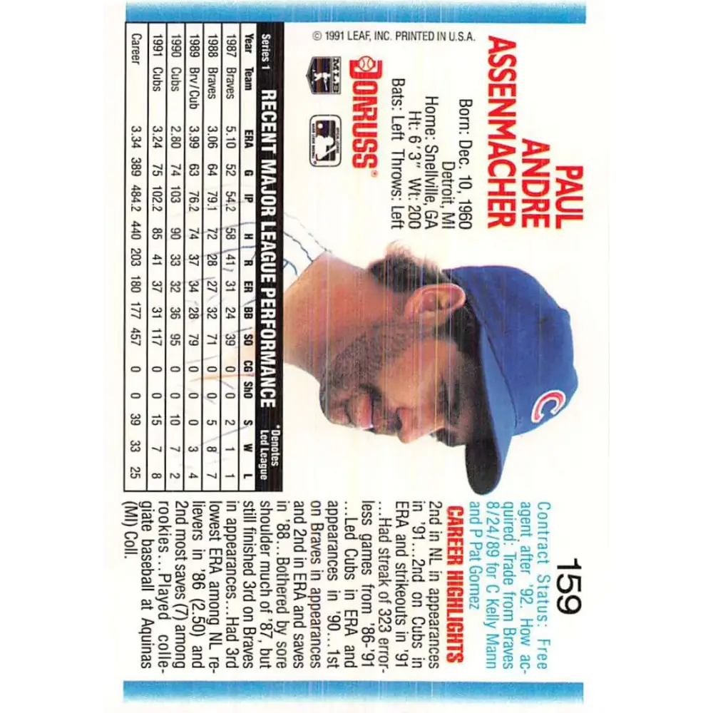1992 Donruss #159 Paul Assenmacher NM-MT Chicago Cubs Baseball Card Image 2