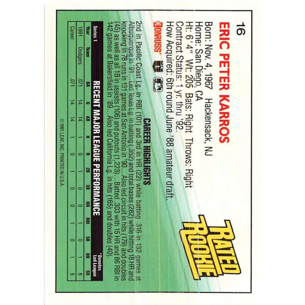 1992 Donruss #16 Eric Karros RR NM-MT Los Angeles Dodgers Baseball Card Image 2