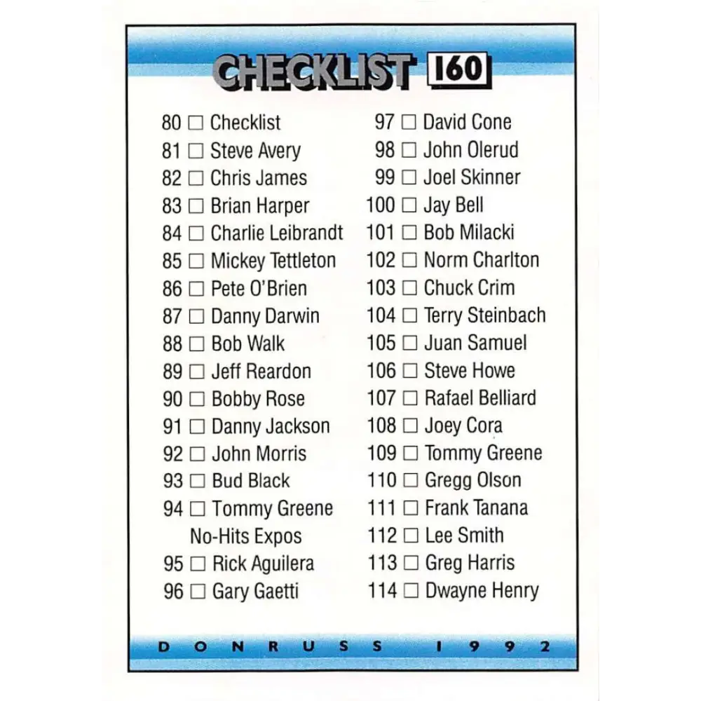 1992 Donruss #160 Checklist 80-157 NM-MT Checklist Baseball Card Image 1