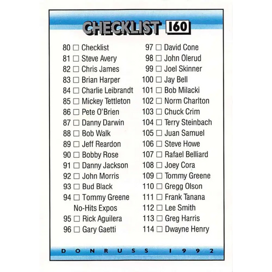 1992 Donruss #160 Checklist 80-157 NM-MT Checklist Baseball Card Image 1