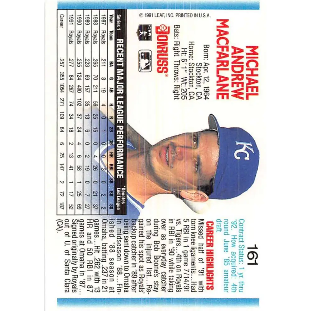 1992 Donruss #161 Mike Macfarlane NM-MT Kansas City Royals Baseball Card Image 2