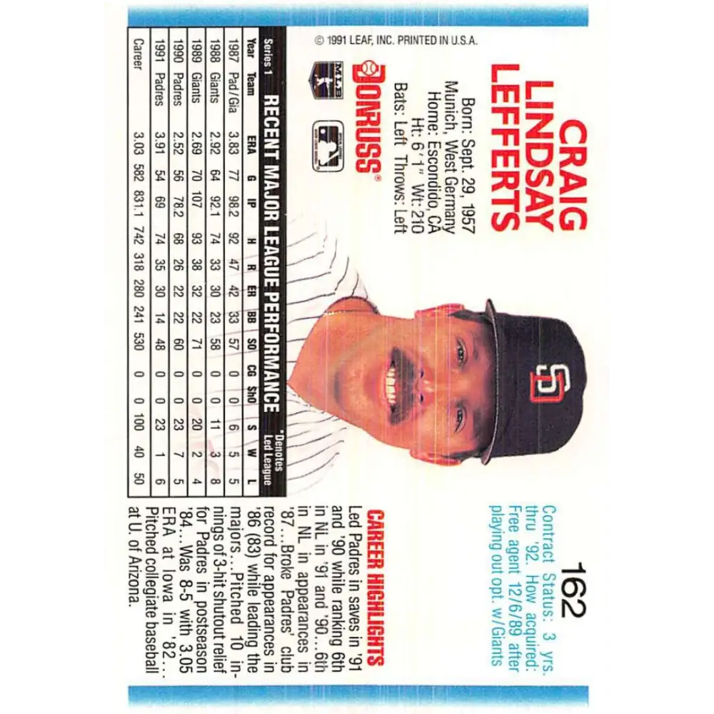 1992 Donruss #162 Craig Lefferts NM-MT San Diego Padres Baseball Card Image 2