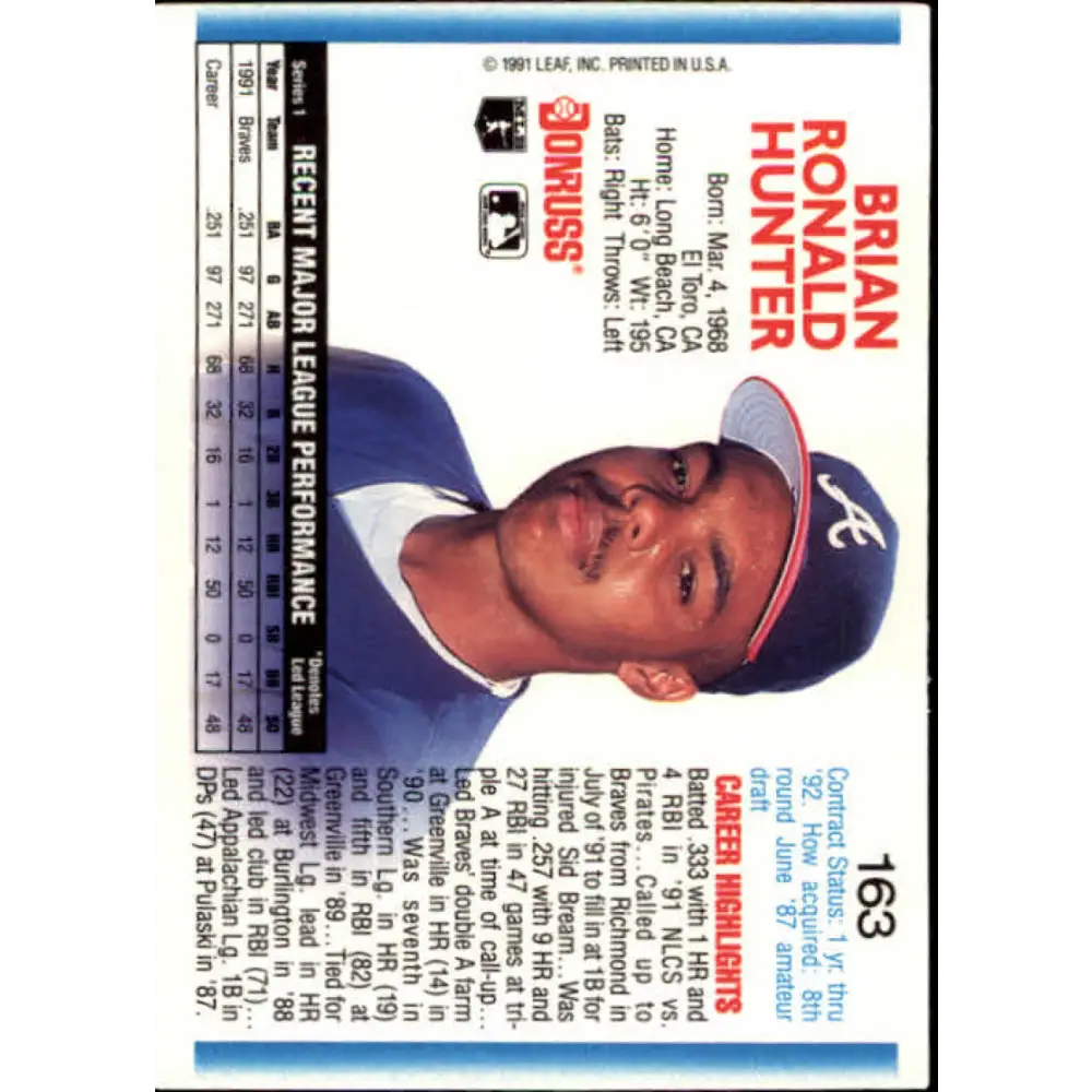 1992 Donruss #163 Brian Hunter NM-MT Atlanta Braves Baseball Card Image 2