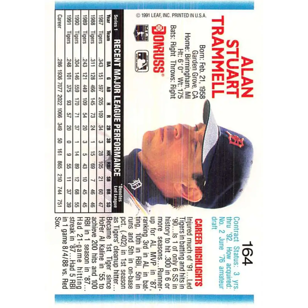 1992 Donruss #164 Alan Trammell NM-MT Detroit Tigers Baseball Card Image 2