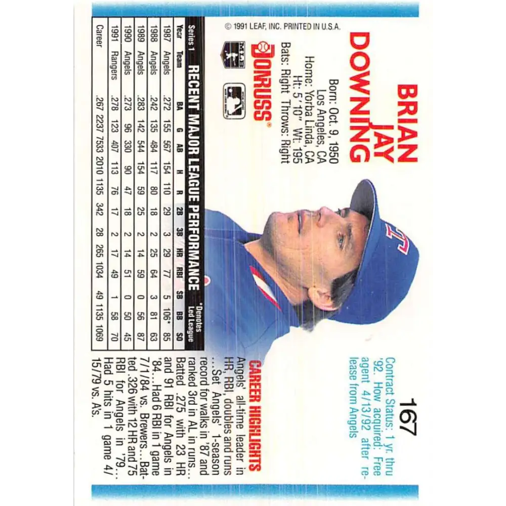 1992 Donruss #167 Brian Downing NM-MT Texas Rangers Baseball Card Image 2