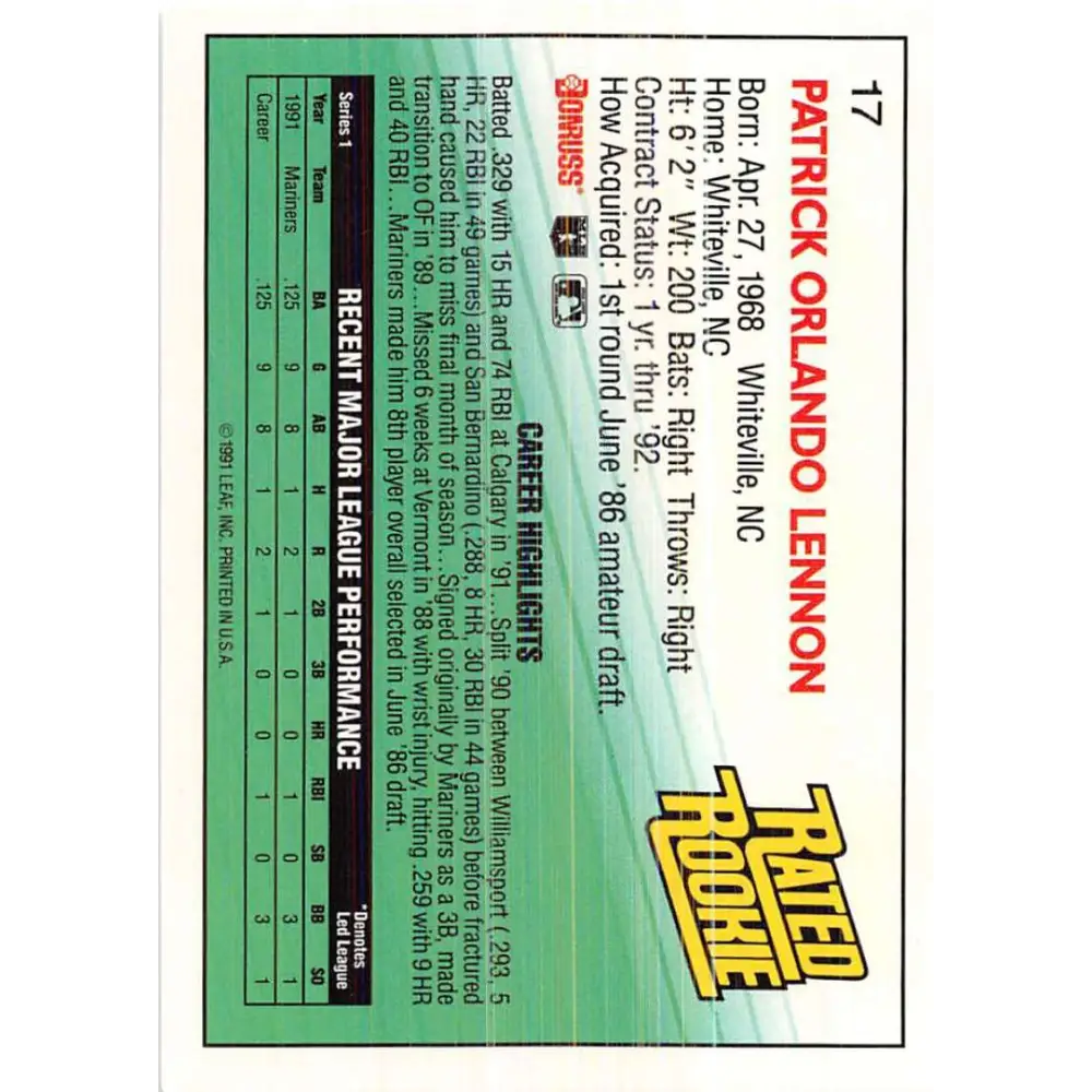 1992 Donruss #17 Pat Lennon RR NM-MT Seattle Mariners Baseball Card Image 2
