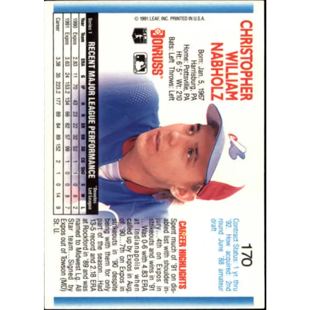 1992 Donruss #170 Chris Nabholz NM-MT Montreal Expos Baseball Card Image 2