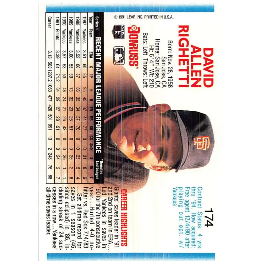 1992 Donruss #174 Dave Righetti NM-MT San Francisco Giants Baseball Card Image 2