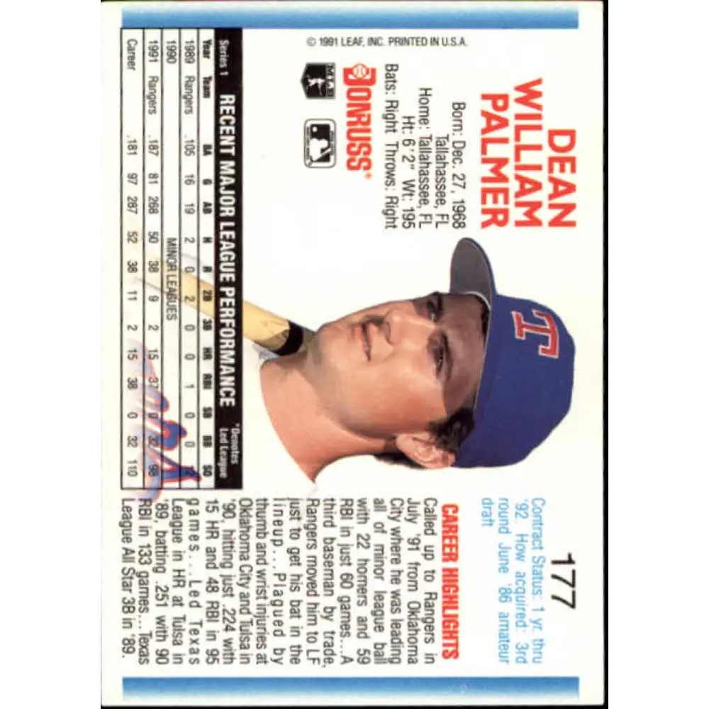 1992 Donruss #177 Dean Palmer NM-MT Texas Rangers Baseball Card Image 2