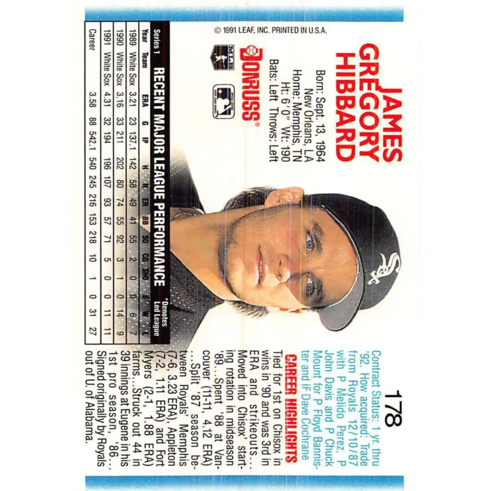 1992 Donruss #178 Greg Hibbard NM-MT Chicago White Sox Baseball Card Image 2