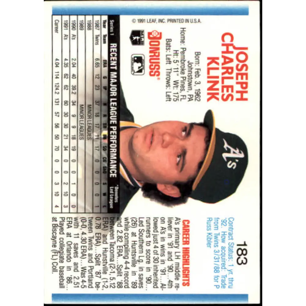 1992 Donruss #183 Joe Klink NM-MT Oakland Athletics Baseball Card Image 2