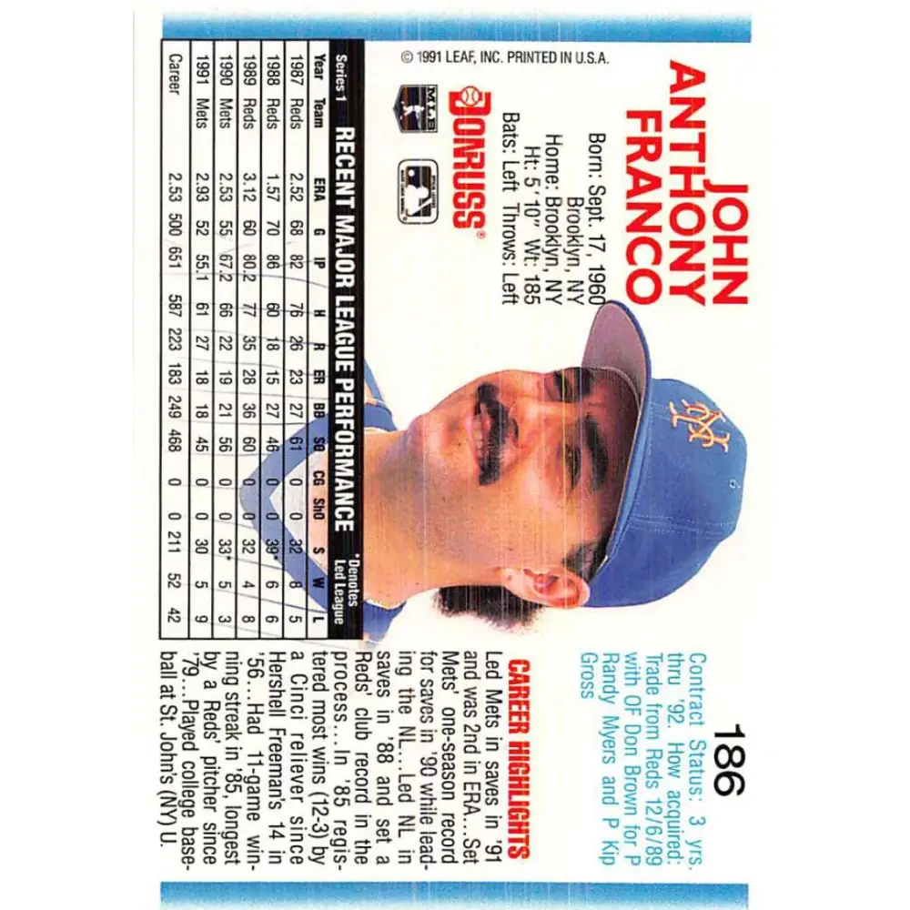 1992 Donruss #186 John Franco NM-MT New York Mets Baseball Card Image 2