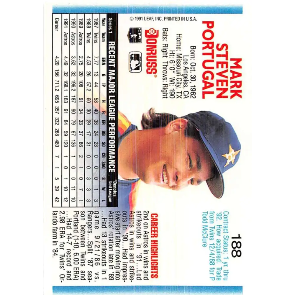 1992 Donruss #188 Mark Portugal NM-MT Houston Astros Baseball Card Image 2