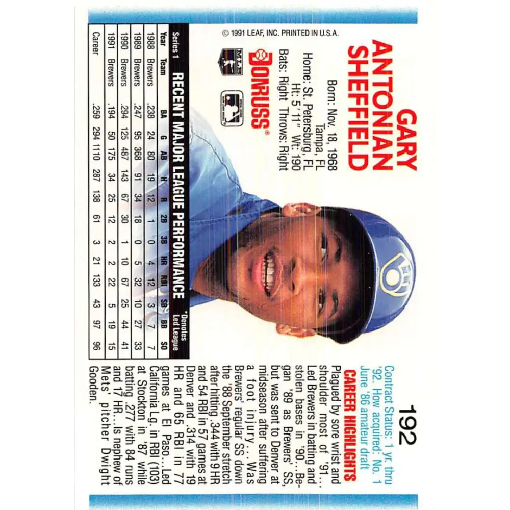 1992 Donruss #192 Gary Sheffield NM-MT Milwaukee Brewers Baseball Card Image 2