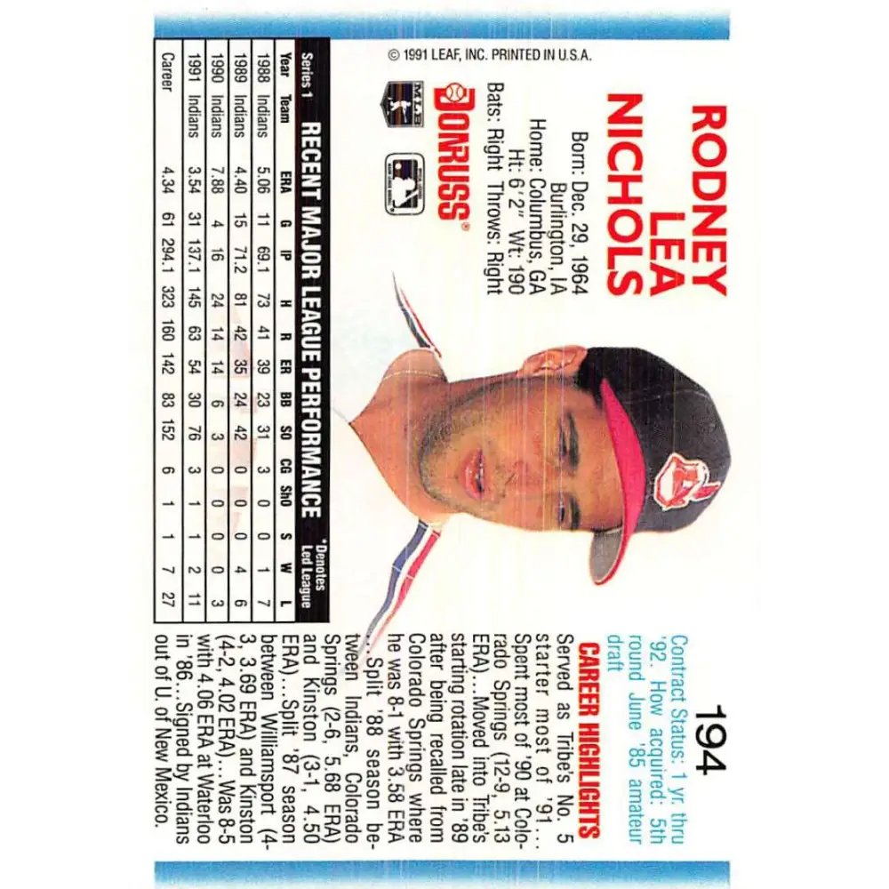 1992 Donruss #194 Rod Nichols NM-MT Cleveland Indians Baseball Card Image 2