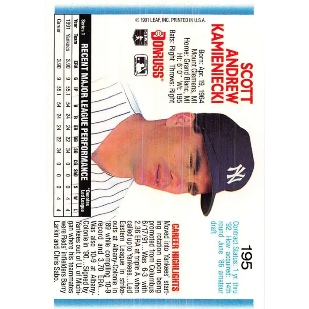 1992 Donruss #195 Scott Kamieniecki NM-MT New York Yankees Baseball Card Image 2