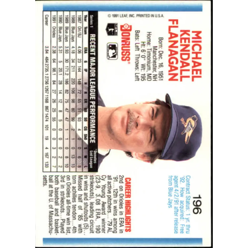 1992 Donruss #196 Mike Flanagan NM-MT Baltimore Orioles Baseball Card Image 2