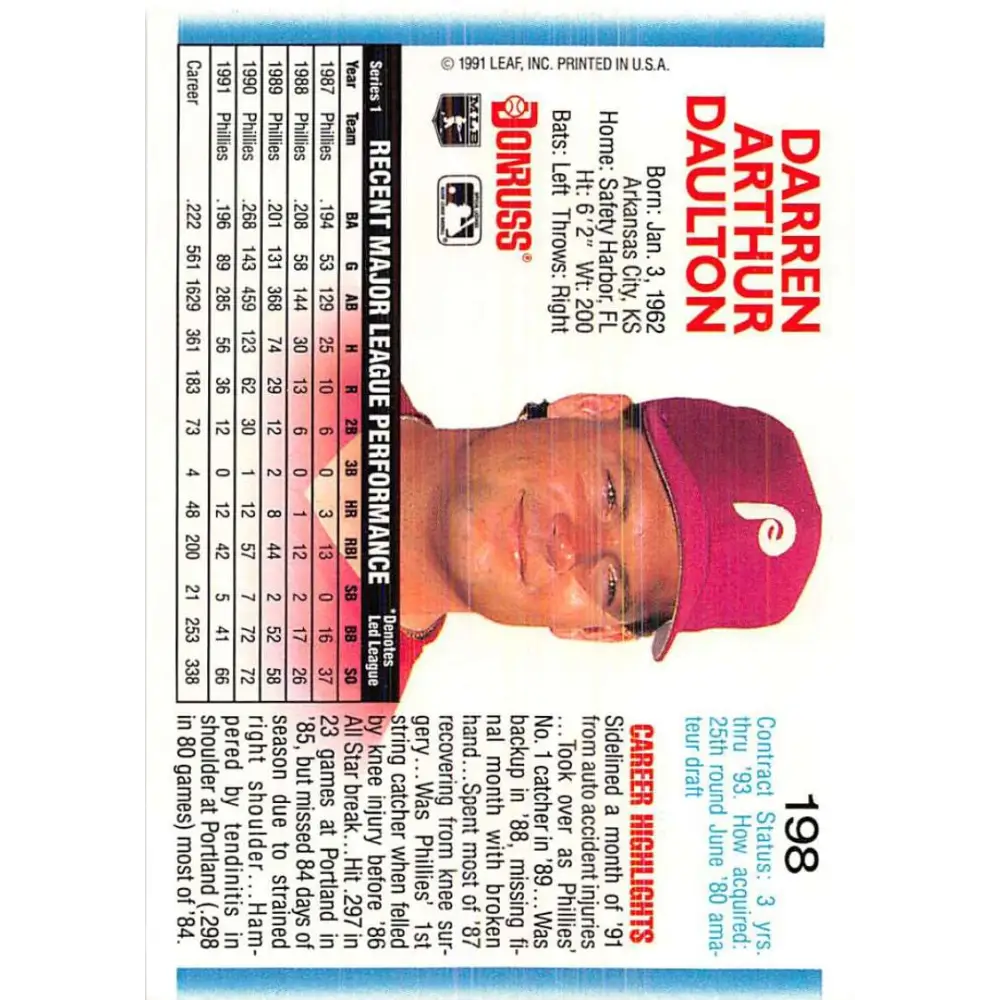 1992 Donruss #198 Darren Daulton NM-MT Philadelphia Phillies Baseball Card Image 2
